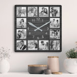 Relógio Quadrado Colagem de Fotos Personalizada da Família Elegante<br><div class="desc">Personalize facilmente este relógio elegante de estilos de prancha de madeira preta com suas fotos personalizadas. O modelo usa um filtro de fotos preto e branco para criar uma aparência mais coordenada. Para obter os melhores resultados, recorte as imagens para o quadrado - com o ponto de foco no centro...</div>