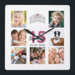 Relógio Quadrado Colagem de fotos personalizada de Quinceanera tiar<br><div class="desc">Um relógio de parede como presente para uma Quinceañera, 15 de aniversário para uma garota, celebrando sua vida com uma colagem de 7 fotos e uma coroa de tiara, coroa. Personalize e adicione um nome, 15 anos e uma data. Data de nascimento ou data do aniversário. Letras pretas e cor-de-rosa...</div>