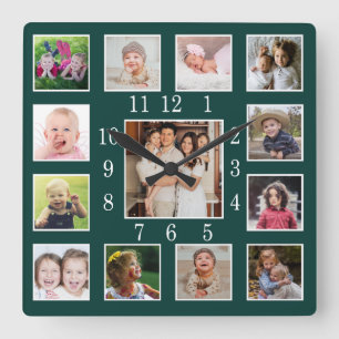 Relógio Quadrado Colagem de Fotos Personalizada Floresta Verde Escu