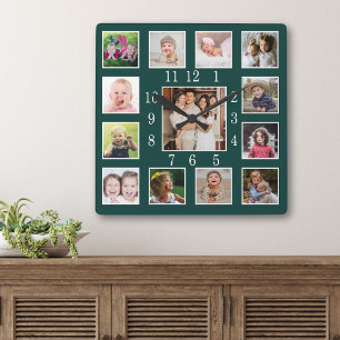 Relógio Quadrado Colagem de Fotos Personalizada Floresta Verde Escu