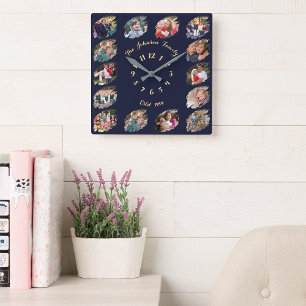 Relógio Quadrado Colagem de Fotos Personalizadas da Família Azul Ma