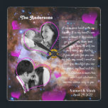 Relógio Quadrado Colagem de Fotos Personalizadas de Aniversário, Ca<br><div class="desc">Relógio de Parede: Casamento Personalizado, Aniversário, Relógio de Fotos do Dia dos Namorados com estrelas do design da Galáxia. Personalize com suas próprias fotos favoritas e crie uma colagem bonita para capturar momentos especiais da sua vida. Altere qualquer texto para o seu próprio, incluindo o poema. Fundo da galáxia do...</div>