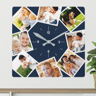 Relógio Quadrado Colagem de Fotos Personalizadas de Família em Esti