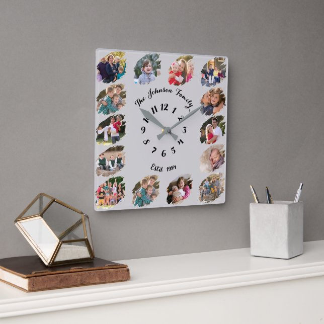 Relógio Quadrado Colagem de Fotos Personalizadas Família Cinza Clar (Escritório)