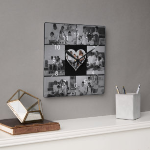 Relógio Quadrado Colagem de Fotos Preta e Branca 7