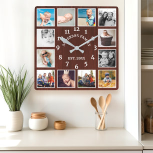 Relógio Quadrado Colagem de Fotos Rústica de Madeira de Mogno Fazen