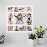 Relógio Quadrado Colagem de Grade de Fotografias da Memória da Famí<br><div class="desc">Um belo presente personalizado para a sua família que eles irão apreciar durante anos. Apresenta um esquema moderno de 13 quadrículas de fotografias para mostrar 13 das suas próprias memórias de fotografias da família especial. "Abençoado" desenhado num belo estilo de escrita negra manuscrita. Cada foto é emoldurada por uma simples...</div>