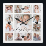 Relógio Quadrado Colagem de Grade de Fotografias da Memória da Famí<br><div class="desc">Um belo presente personalizado para o seu Pop de Pop que ele vai apreciar durante anos. Apresenta um esquema moderno de 13 quadrículas de fotografias para mostrar 13 das suas próprias memórias de fotografias da família especial. "Pop Pop" desenhado num belo estilo de escrita a preto. Cada foto é emoldurada...</div>