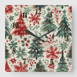 Relógio Quadrado Colagem de Motifs de Natal Vermelhos e Verdes