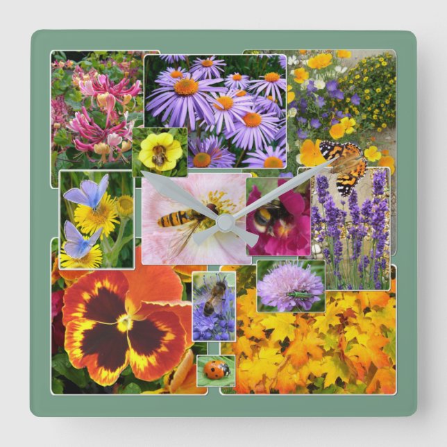 Relógio Quadrado Colagem Floral Colorida (Frente)