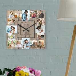 Relógio Quadrado Colagem Fotográfica 16 Imagem Madeira Rústica Nume