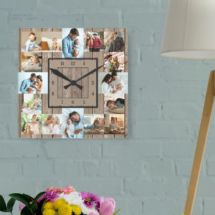 Relógio Quadrado Colagem Fotográfica 16 Imagem Madeira Rústica Nume