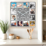 Relógio Quadrado Colagem Fotográfica da Casa de Madeira da Cinza ru<br><div class="desc">Farmação de madeira de Cinza russa 12 Foto Collage Square Wall Clock. Grande e rústico celeiro branco vintage madeira personalizada familia nome ano de decor de parede estabelecido. A prancha de madeira perfeita do país procura qualquer casa ou cozinha.</div>