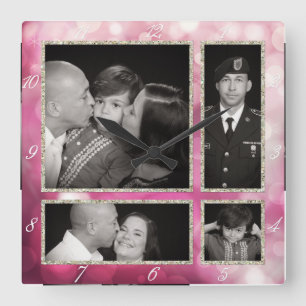 Relógio Quadrado Colagem Fotográfica de 4 Bokees Rosa Glitz