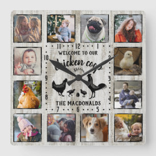 Relógio Quadrado Colagem Fotográfica de Coop de Galinhas de Fábri