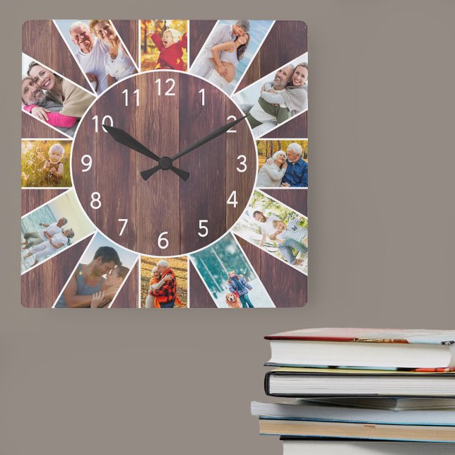 Relógio Quadrado Colagem Fotográfica Personalizada Familiar Madeira (Photo clock with 12 photos, one at each hour. Great design for your home or a thoughtful photo gift.)