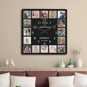 Relógio Quadrado Colagem Personalizada de 16 Fotos com Citação de F