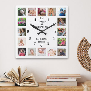 Relógio Quadrado Colagem Personalizada de 16 Fotos com Citação de F