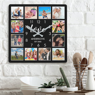 Relógio Quadrado Colagem Personalizada de Fotos da Família em Preto