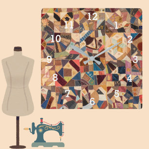 Relógio Quadrado Colcha Colorida de Patchwork Quarto Rústico de Cos