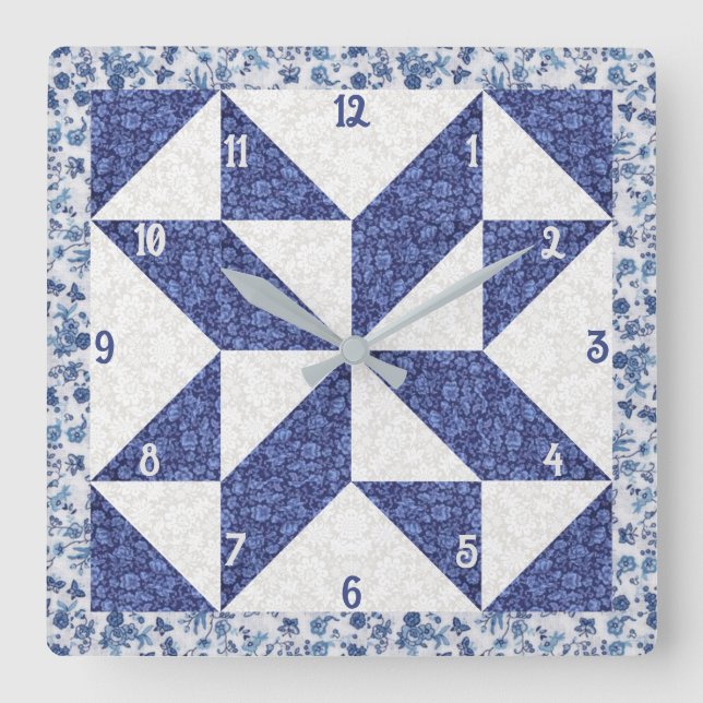 Relógio Quadrado Colcha Falsa de Rodinhas Calico Azul e Branco (Frente)