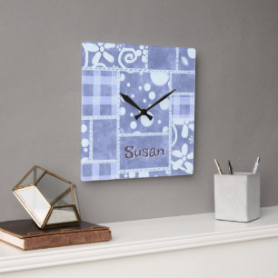 Relógio Quadrado Colcha Louca Xadrez Azul Floral Personalizada 