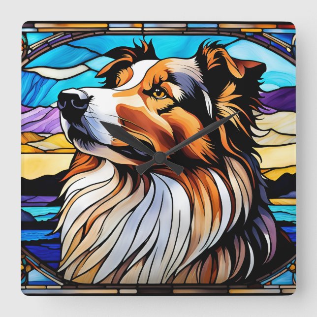 Relógio Quadrado Collie StainGlass look (Frente)