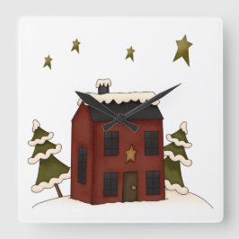 Relógio Quadrado Colonial Vermelha Primitiva na Neve