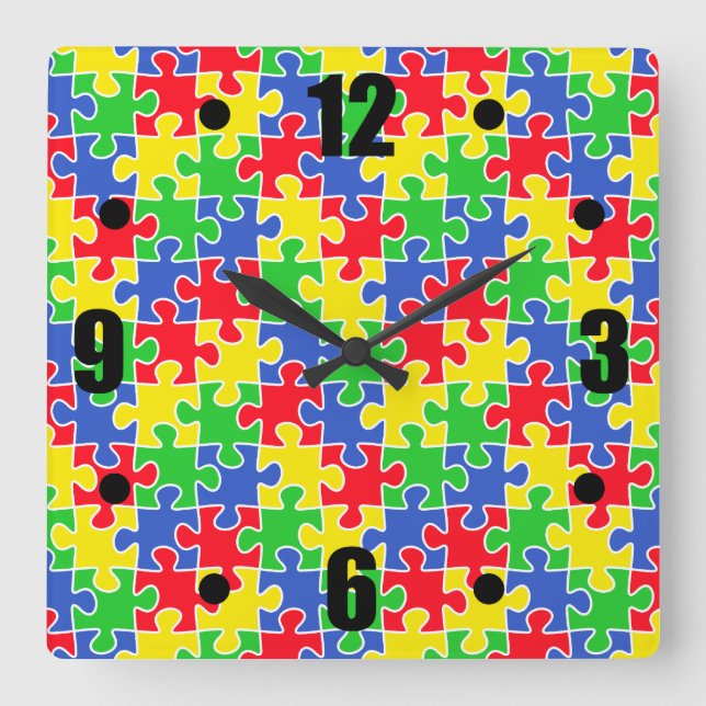Relógio Quadrado Colores Primárias Brilhantes Pedaços de Quebra-cab (Frente)