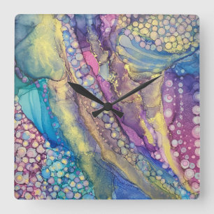Relógio Quadrado Colorful Dots Alcohol Ink Liquid Abstract Art