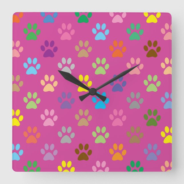 Relógio Quadrado Colorful paw prints pattern  (Frente)