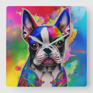 Relógio Quadrado Colorida Boston Terrier Paint Splashes