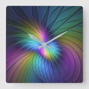 Relógio Quadrado Colorida Com Arte Fractal Abstrato Moderna Azul