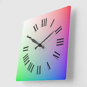 Relógio Quadrado Colorido, Elegante Arco-íris e Marcadores de Hora 