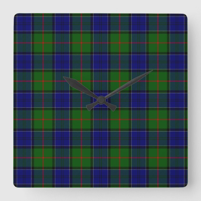 Relógio Quadrado Colquhoun tartan xadrez verde azul (Frente)