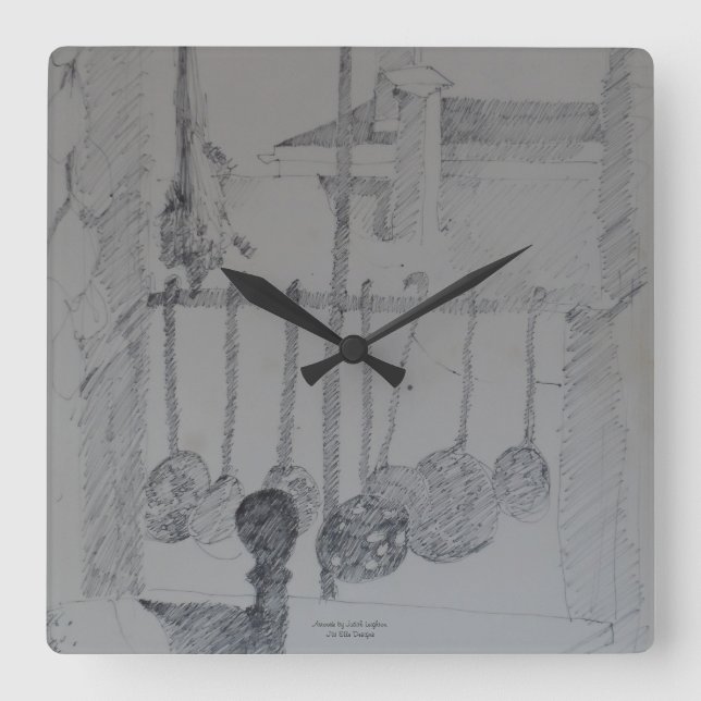 Relógio quadrado com escada de cozinha e utensílio (Frente)