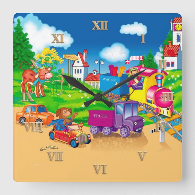 Relógio Quadrado comboio e carro (Frente)