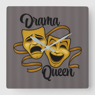 Relógio Quadrado Comédia Dourada e Teatro Tragédia Máscara Rainha D