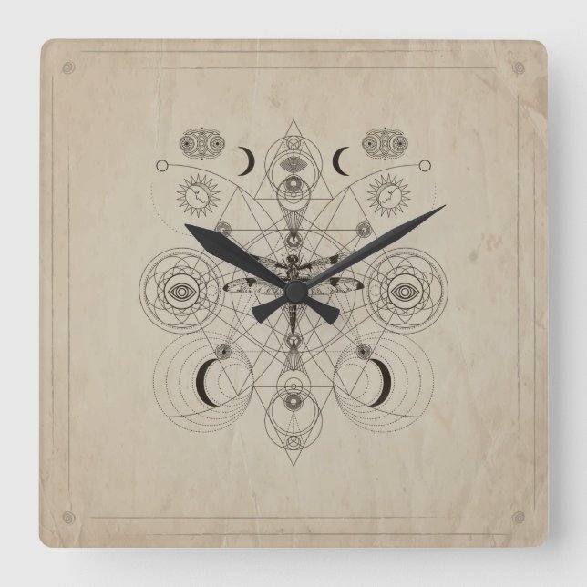 Relógio Quadrado Composição Geométrica Sagrada da Dragonfly (Frente)