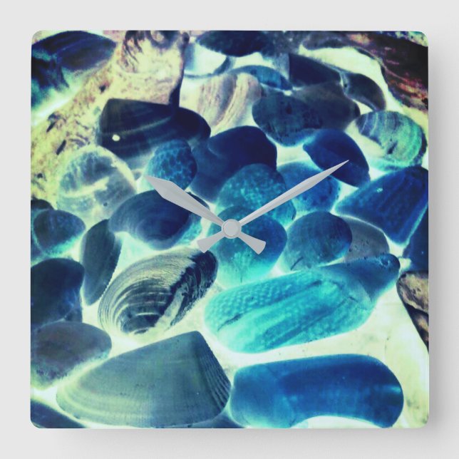 Relógio Quadrado Concha de ostras marítimas, cores mudadas de azul  (Frente)