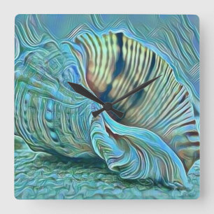 Relógio Quadrado Conchas verdes azuis na pintura de praia