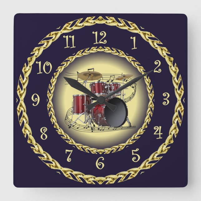 Relógio Quadrado Conjunto de tambores 02 ~ Rolagem Musical ~ Dourad (Frente)