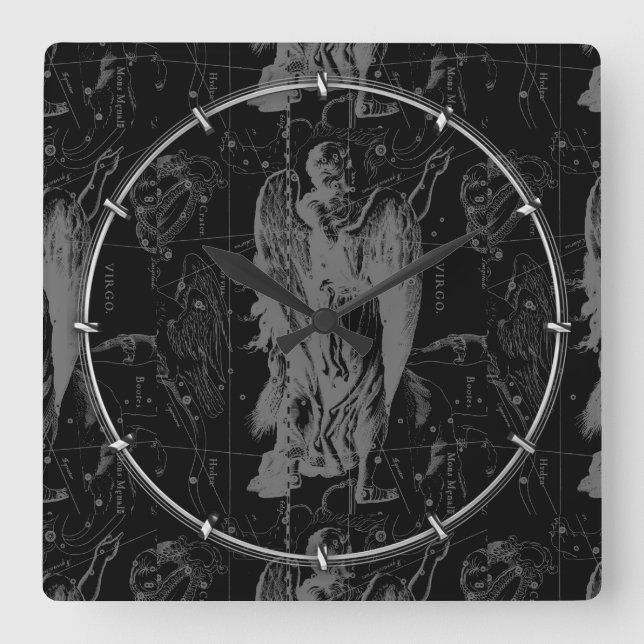 Relógio Quadrado Constelação de Virgem Hevelius 1690 a preto (Frente)