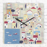 Relógio Quadrado Contemporâneo Moderno da Cidade Grega<br><div class="desc">Arte moderna contemporânea inspirada por uma vila pesqueira na ilha grega de Halki. Arte original de Nic Squirrell.</div>