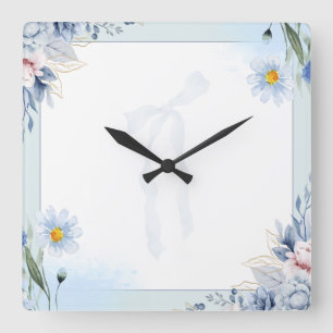 Relógio Quadrado Convite Elegante de Aquarela Azul com Floral e Laç