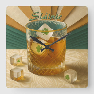 Relógio Quadrado Copo de Uísque Irlandês Shamrock Ice "Sláinte!"