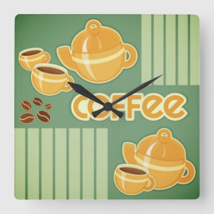 Relógio Quadrado Copos de café, pote do café e feijões de café