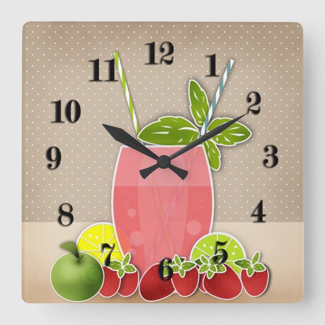 Relógio Quadrado coquetel fruta de morango de maçã de limão de limã (Frente)