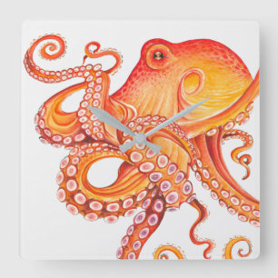 Relógio Quadrado Cor d'água do polvo laranja vermelho