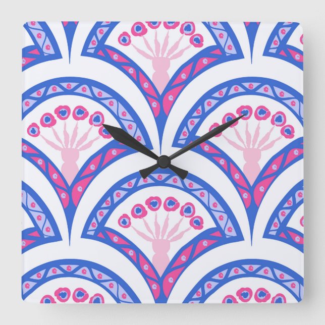 Relógio Quadrado cor damasco floral azul (Frente)